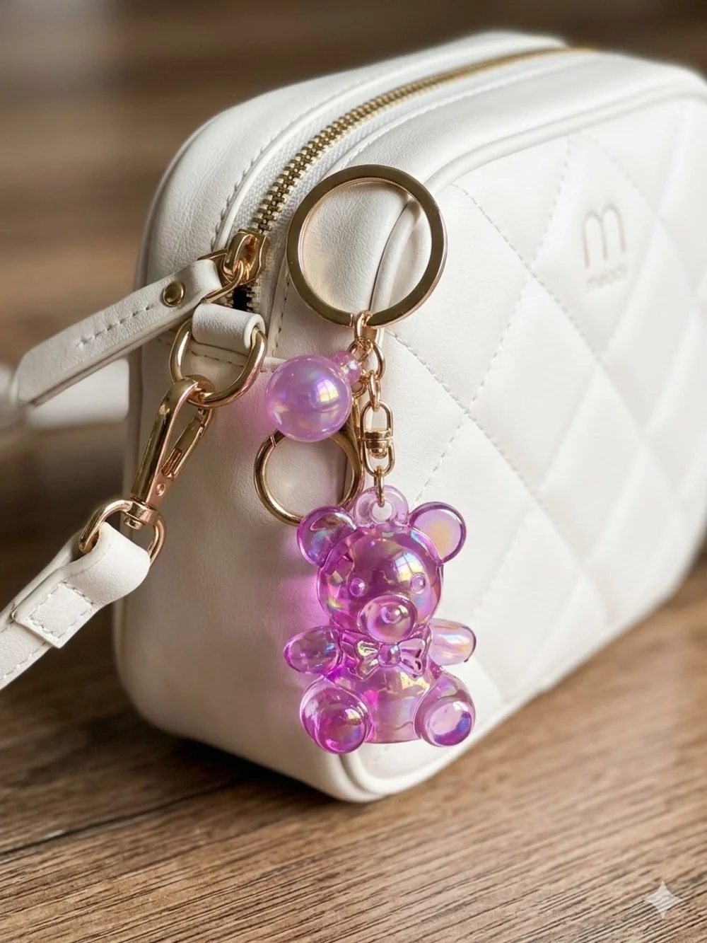 Iridescent Pink Gummy Bear Keychain with Gold Ring